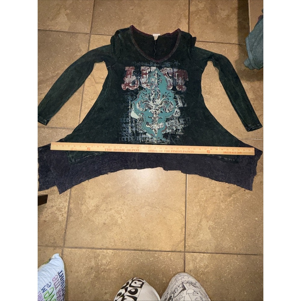 Vintage Women's Lust Embelished Dark Green Long Sleeve Tunic Y2K Grunge Fairy - Picture 10 of 10
